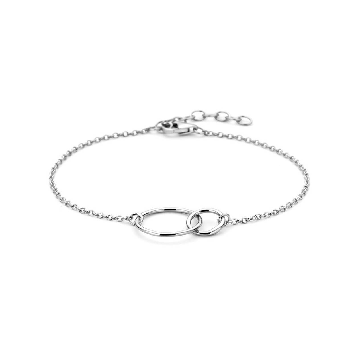 Gerhodineerd zilveren armband met open cirkels. De lengte bedraagt 16cm met 2.5cm extensie en de schakelbreedte is 1.2mm.