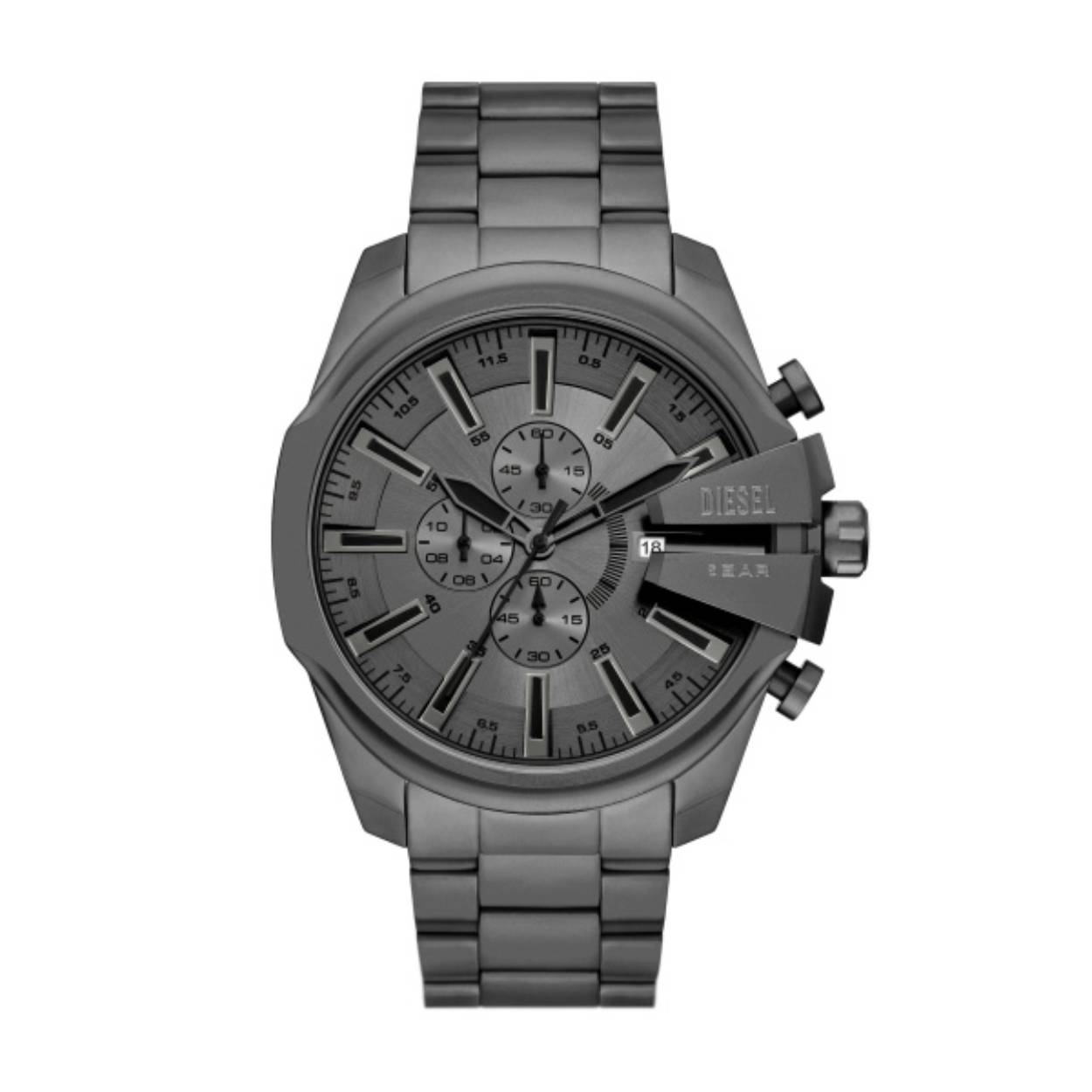 Dit Diesel Mega Chief Slim horloge van 48mm heeft een grijze sunray-wijzerplaat, chronograaf uurwerk en een grijze geborstelde roestvrijstalen armband.