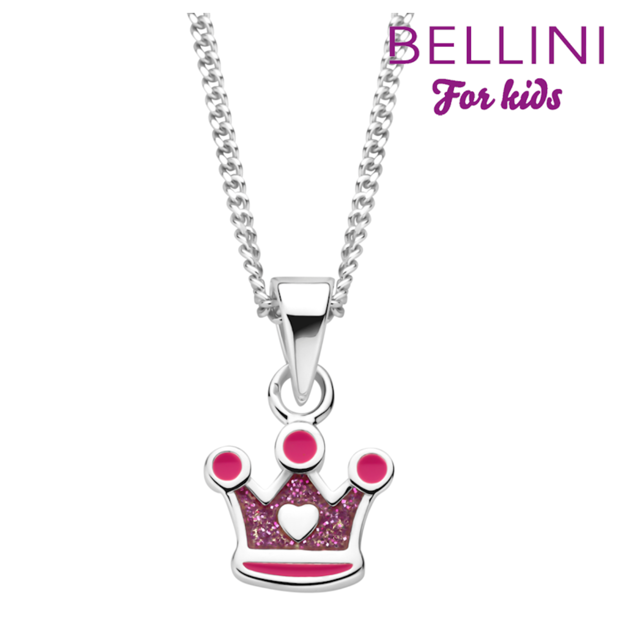 Bellini zilveren hanger kroontje roze met ketting. De ketting is op verschillende lengtes draagbaar. De langste lengte is 38cm en is door de extra oogjes ook op 36 en 34cm te dragen. Maak het set compleet met de oorknoppen en de ring.
