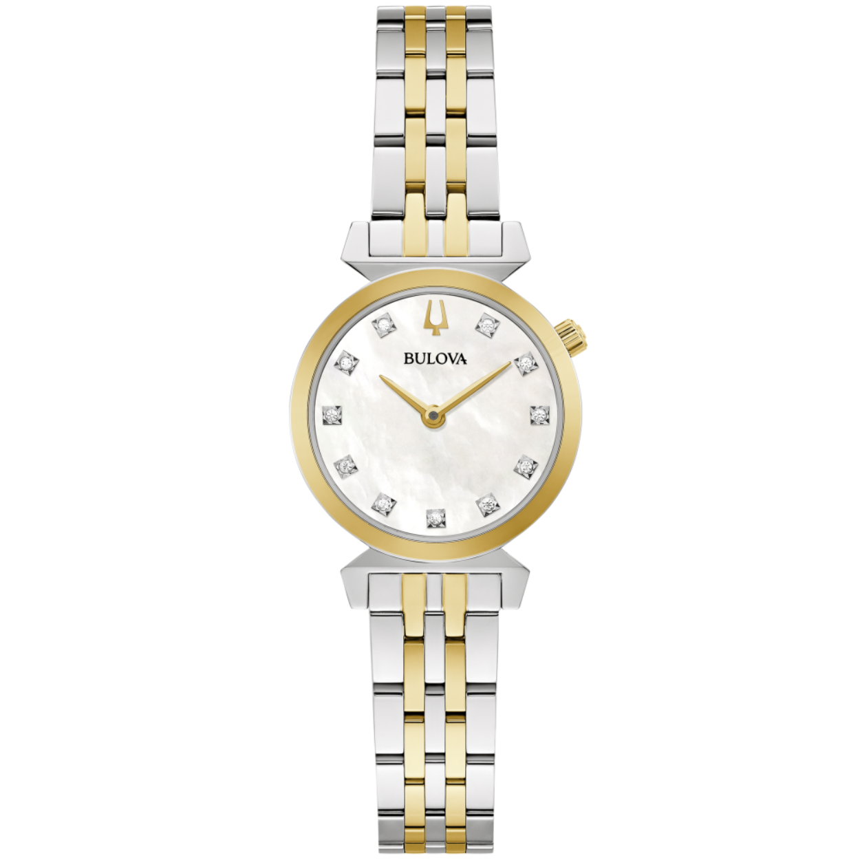 Geïnspireerd door de Bulova Heritage uurwerken, is deze sierlijke tweekleurige roestvrijstalen regatta voorzien van een glanzend witte parelmoeren wijzerplaat bezet met 11 diamanten. De karakteristieke details van het regattaontwerp zijn onder andere de kroon op de 2-uurspositie en duidelijk schuine nokken. Plat saffierkristal, slanke kwartsbeweging en waterbestendigheid tot 30 meter.