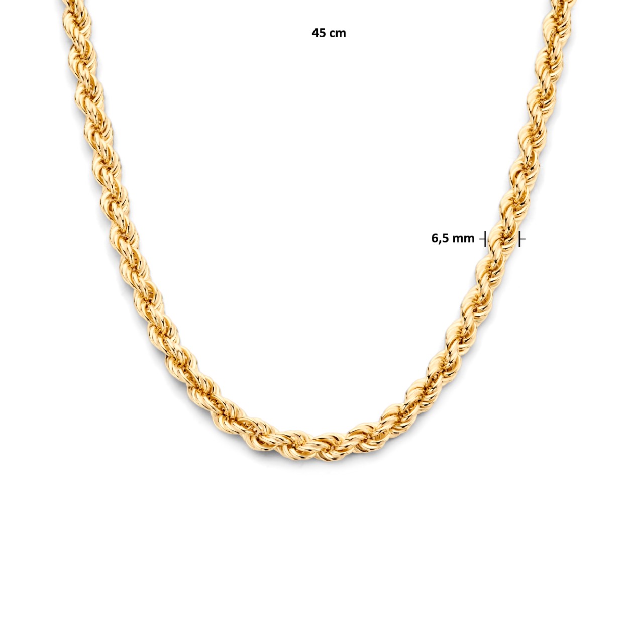 Geelgoud op 925 zilveren koord collier uitgevoerd met een karabijn sluiting. Het collier heeft een draaglengte van 45cm. 
