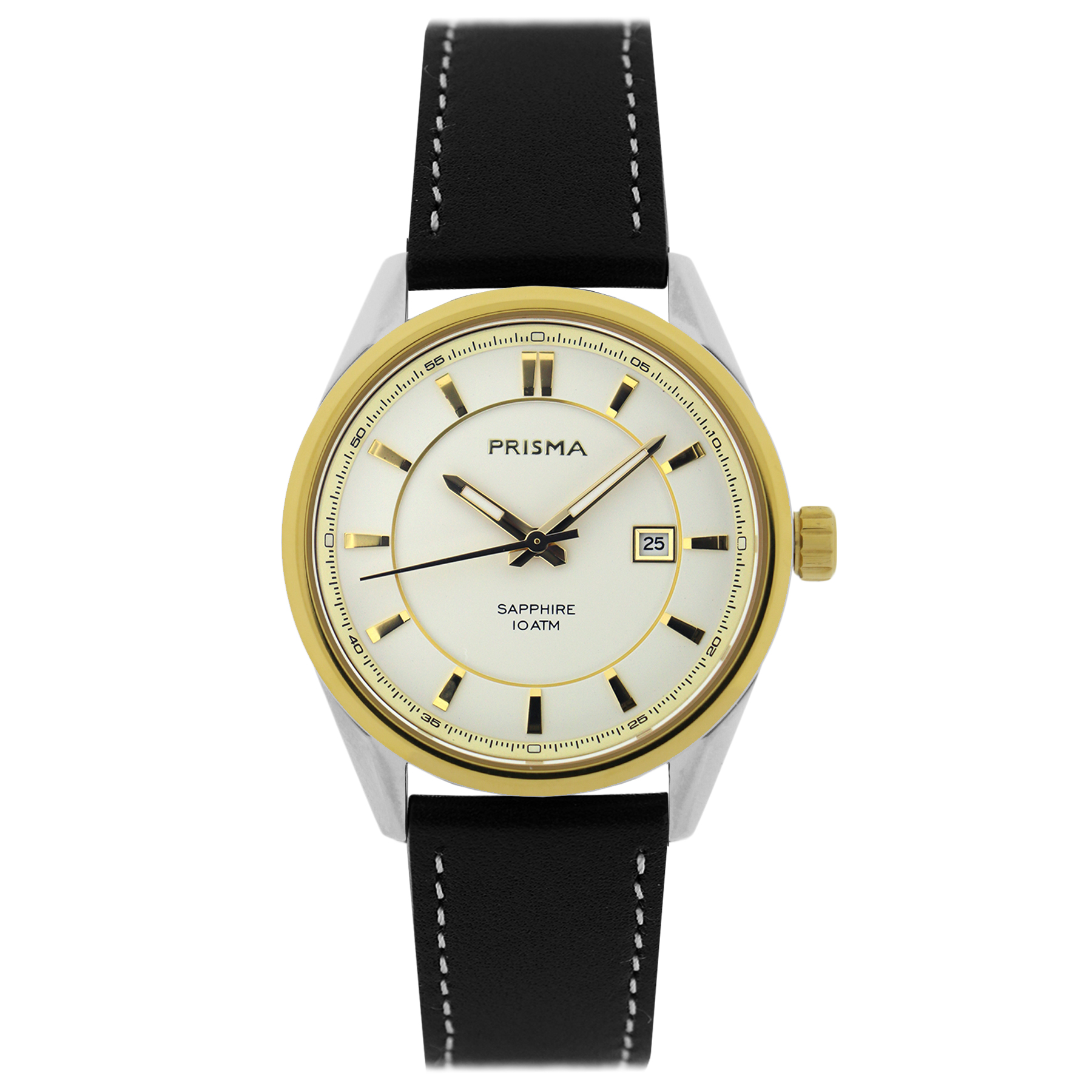 Prisma horloge P2058 heren edelstaal saffierglas 10 ATM

Algemeen
Geslacht: heren
Model: P.2058

Voordelen
– Echt lederen band met goudkleurige gesp
– quartz
– wijzerplaat roomwit kleur met goudkleurige streepjes
– boven gem. waterdicht: zwemmen/duiken
– glas is zeer krasvast
– ook voor brede pols (max. 235 mm)
– datum
– quartz uurwerk
– maat kast 39,5mm (breedte) 9,6mm (dikte)