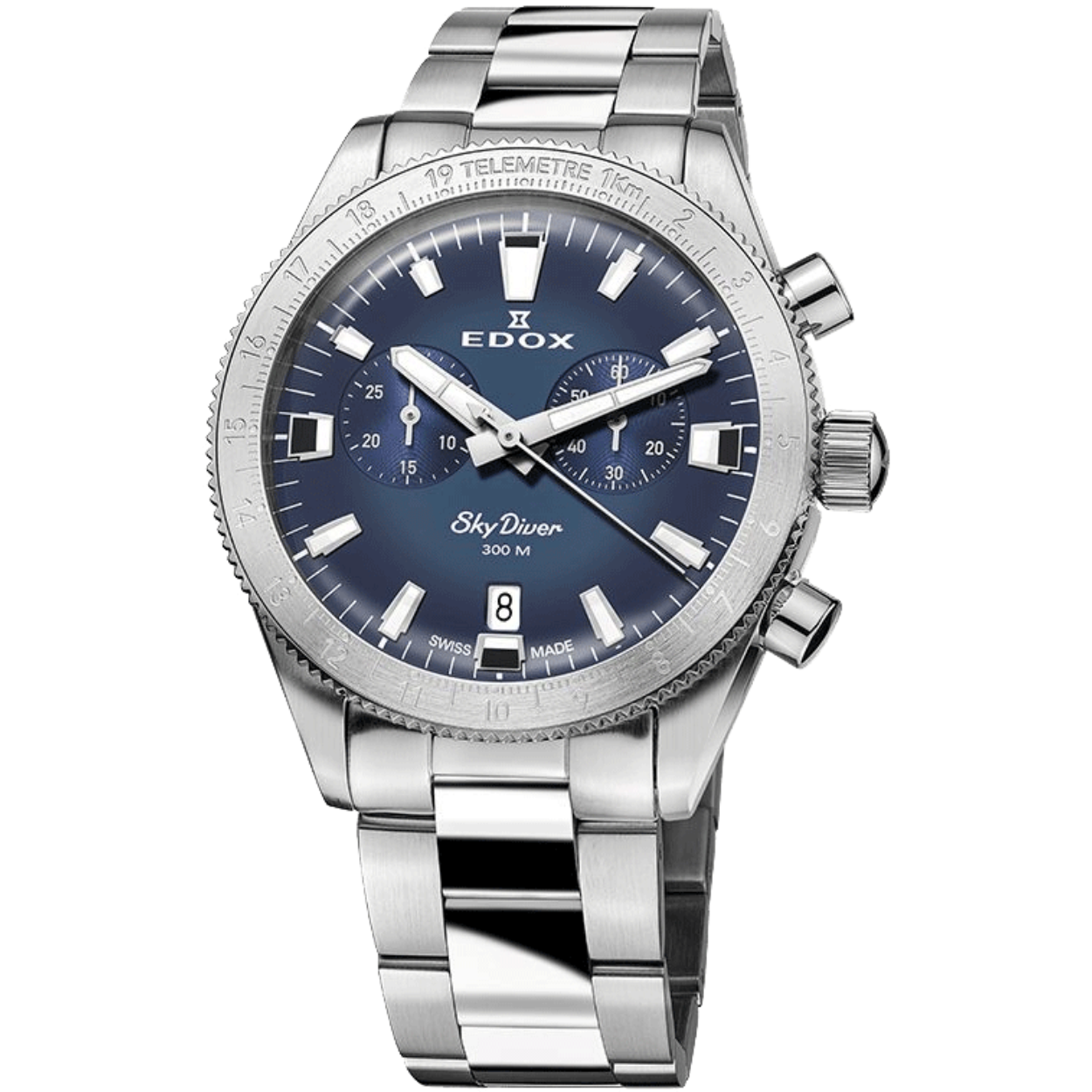 Edox horloge met lederen band, Skydiver Chrono Lim Ed. blauw