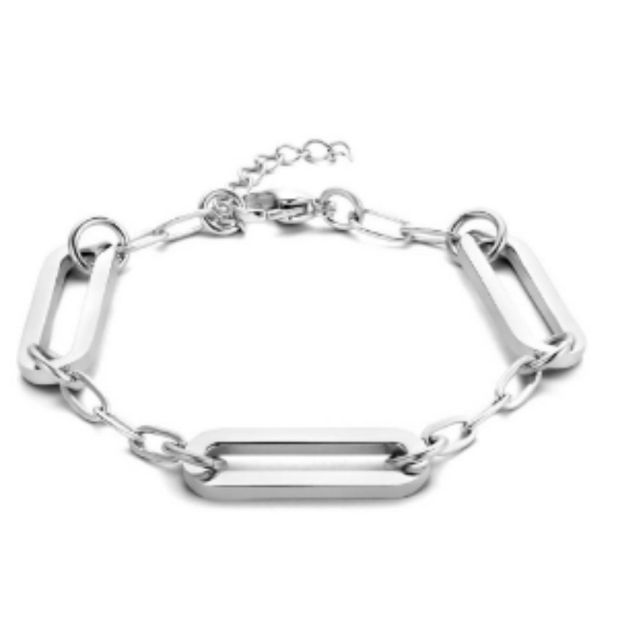 Stalen paperclip armband met schakelbreedtes van 3.5 en 8mm. De armband heeft een draaglengte van 16cm met een extensie van 3cm en karabijn sluiting.