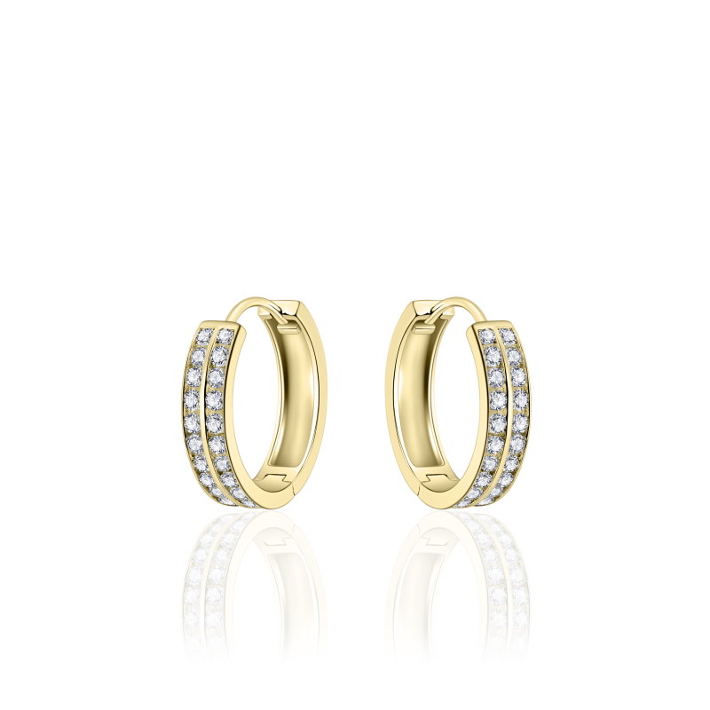 14k gouden oorringen met 2 rijen zirkonia's. De oorringen zijn voorzien van een degelijke scharniersluiting.