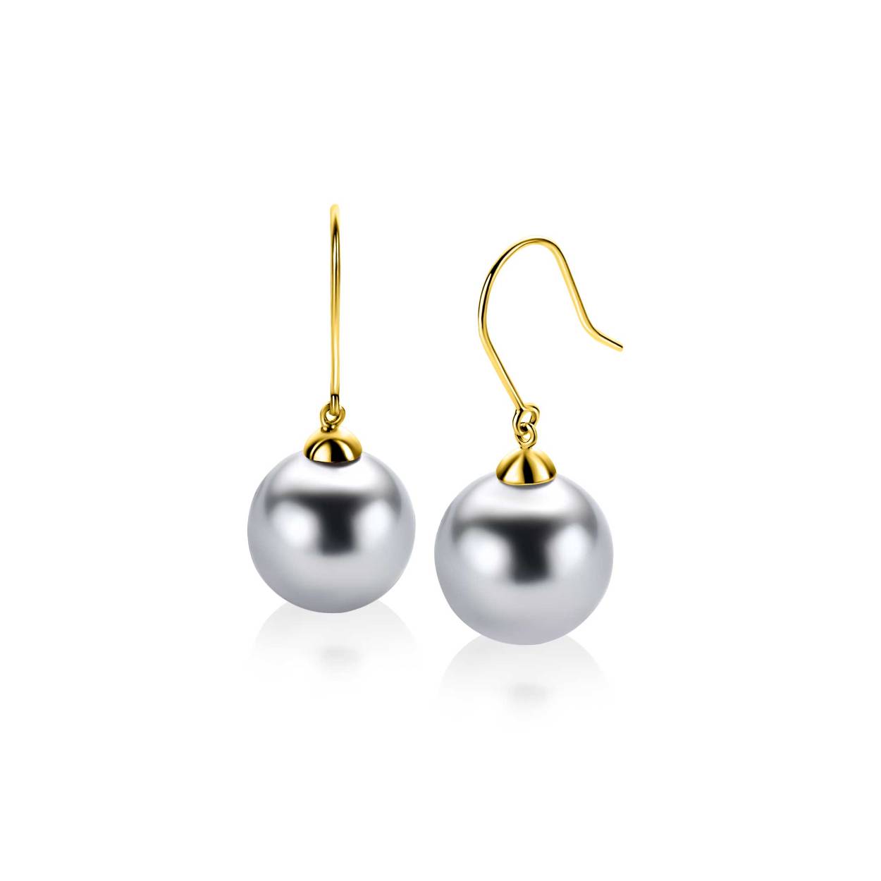 ZINZI Gold 14 krt gouden oorhangers met ronde grijze Swarovski crystal parel 12mm ZGO25GR