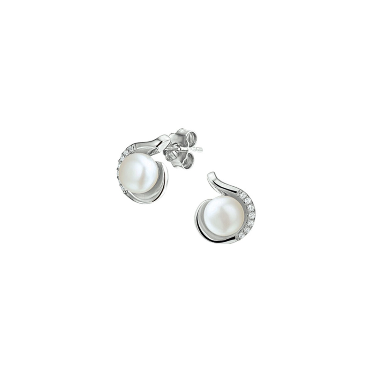 Gerhodineerd zilveren oorknoppen met zirkonia en zoetwaterparel. De oorknoppen zijn onderdeel van een set. Draag de oorknoppen samen met de bijpassende hanger.