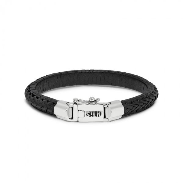 Silk armband zwart leder met zilveren slot 19 cm