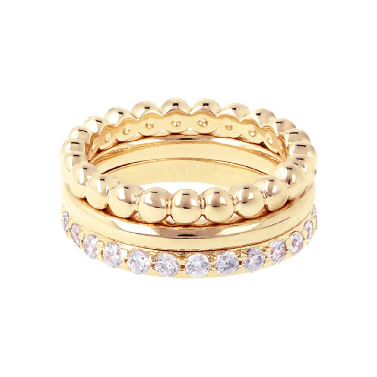 Bronzen ring met een geelgouden 18 karaats coating bestaande uit 3 losse ringen glad/bolletjes en zirkonia.