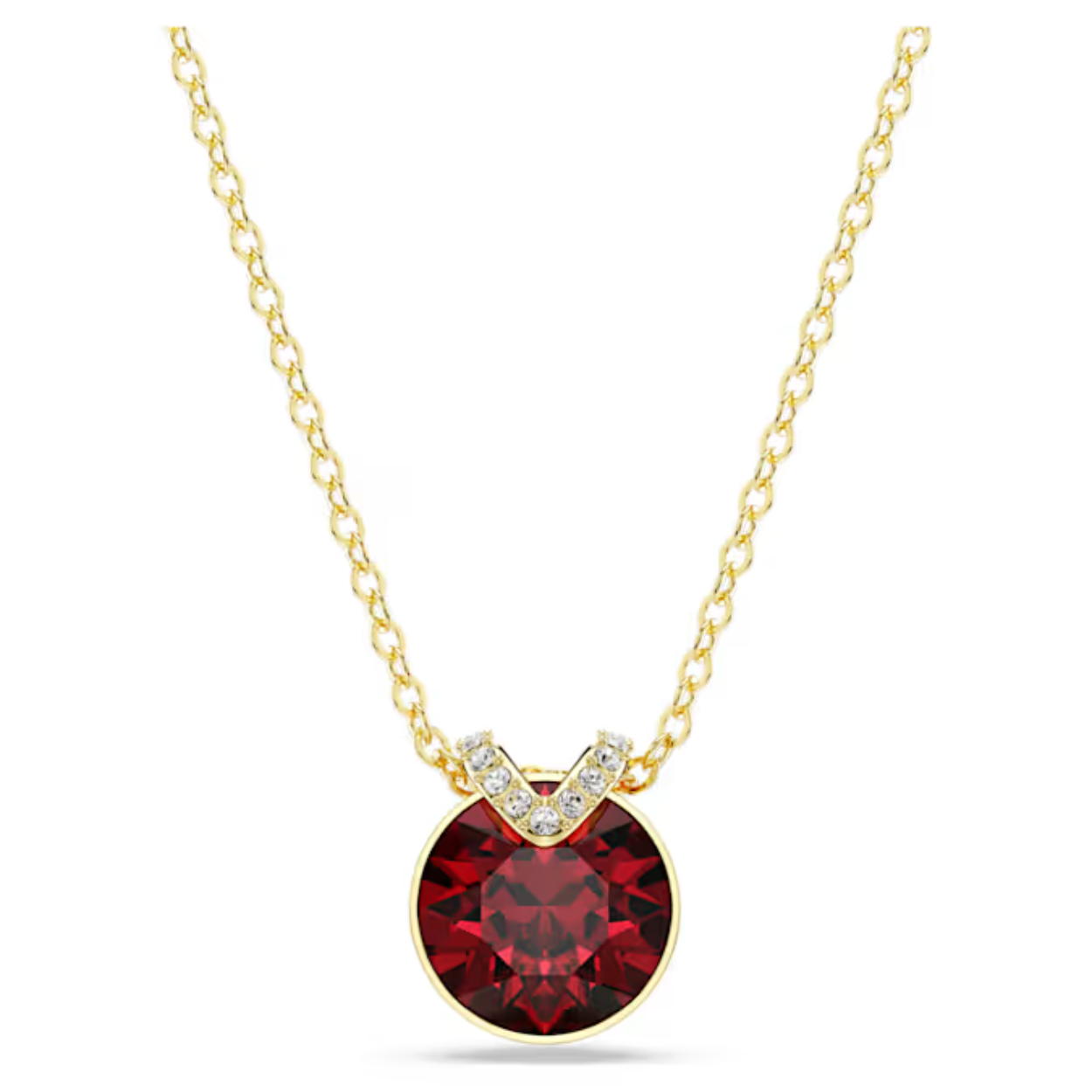 Deze romantische hanger trekt alle ogen dankzij het centrale rode kristal in een zetting met goudkleurige toplaag. Glinsterende pavé maakt het sieraad nog mooier, terwijl de delicate ketting pure elegantie uitstraalt. Draag het met de bijpassende oorbellen voor een prachtige combinatie.