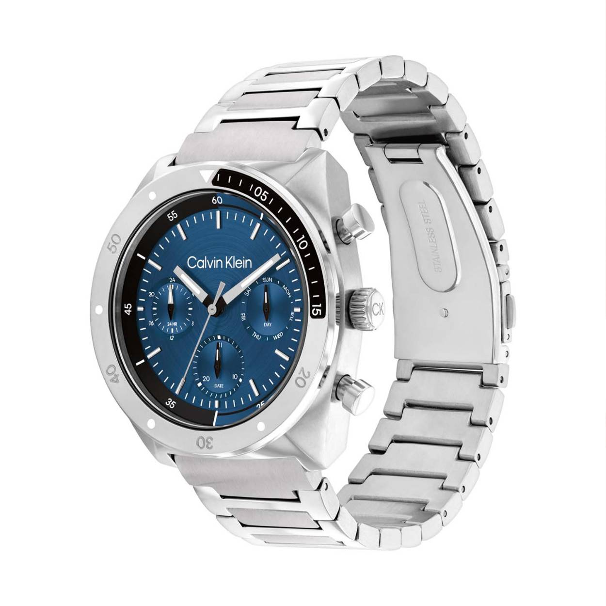 Calvin Klein CK25300464 Heren Staal Horloge 42mm
Dit Calvin Klein herenhorloge met nr CK25300464 is een stijlvol ontwerp. De zilverkleurige ronde stalen kast heeft een bewerkte bezel en een geschuurde blauwe wijzerplaat met dag, datum en 24-uursaanduiding. De wijzers en strepen zijn ingelegd met lumibrite. Aan de kast zit een zilverkleurige stalen mat glanzende schakelband met vouwsluiting. Het herenhorloge heeft een mineraalglas, een doorsnee van 42mm en is 5ATM.

OVER CALVIN KLEIN
Calvin Klein is een wereldwijd lifestylemerk dat gewaagde, vooruitstrevende idealen en een verleidelijke, vaak minimalistische, esthetiek nastreeft. Calvin Klein werd groot in de jaren 70 door haar mode- en merkjeans collecties. In de jaren 80 lanceerde Calvin Klein haar spraakmakende ondergoed dat uitdrukkelijk van logo ’s voorzien was. Vanwege het grote succes is het merk ook succesvol uitgerold in Accessoires, Parfums, Home, Brillen, Golf, Horloges en Sieraden.
Sinds de oprichting in 1968 door Calvin Klein, heeft het merk haar reputatie opgebouwd als leider in de Amerikaanse mode, dankzij een cleane esthetiek en innovatieve ontwerpen. Calvin Klein wil haar publiek verleiden en inspireren door middel van provocerende beelden en opvallende ontwerpen die prikkelen. 

SPECIFICATIES:
- Mineraalglas
- Zilverkleurige stalen kast
- Blauwe wijzerplaat 
- Zilverkleurige schakelband
- Ronde kastvorm, Ø 42mm
- 5ATM