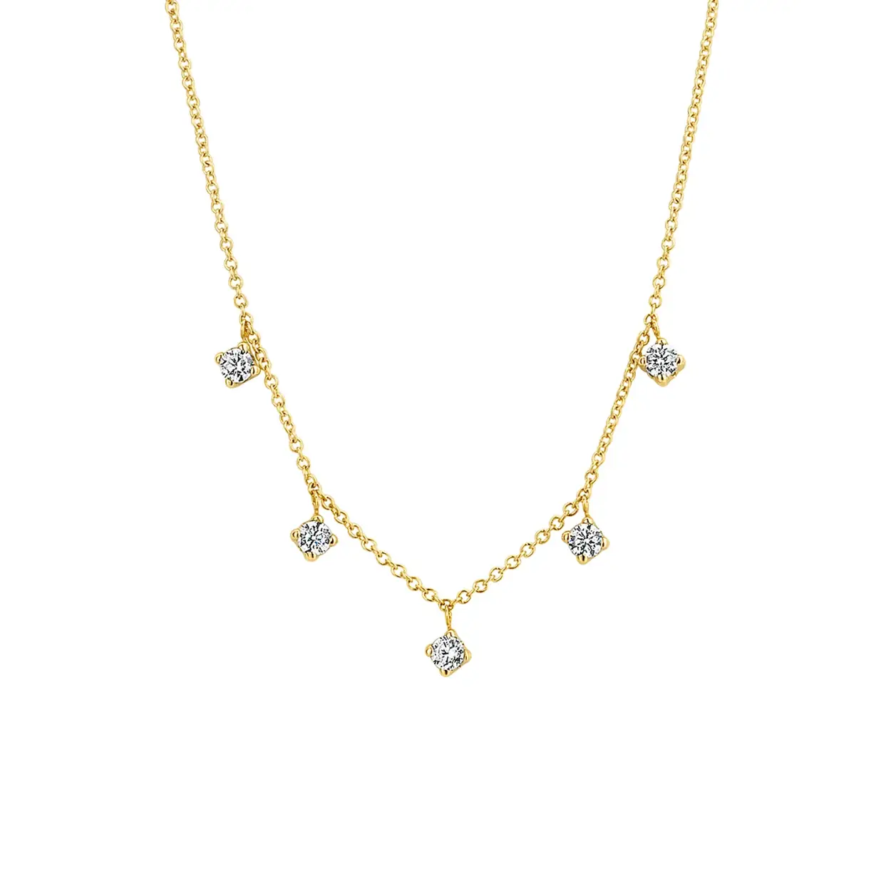 Aan dit stijlvolle collier schitteren vijf hangers met zirkonia&rsquo;s in chatonzetting. Het collier is 42 cm lang en de hangertjes hebben een doorsnede van elk 2,1 mm. Heel mooi op zichzelf of mix en match met andere sieraden met zirkonia uit onze collectie.