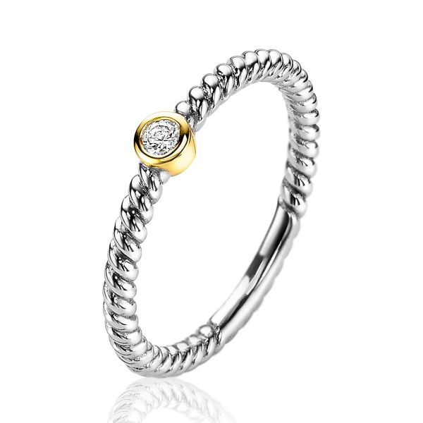 ZINZI zilveren bicolor ring gedraaid witte zirconia