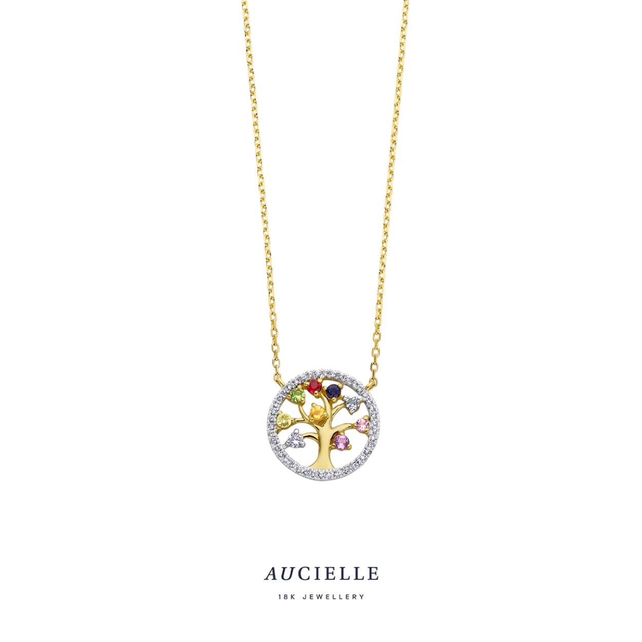 AuCielle Collier goud 18k levensboom met diamantjes.