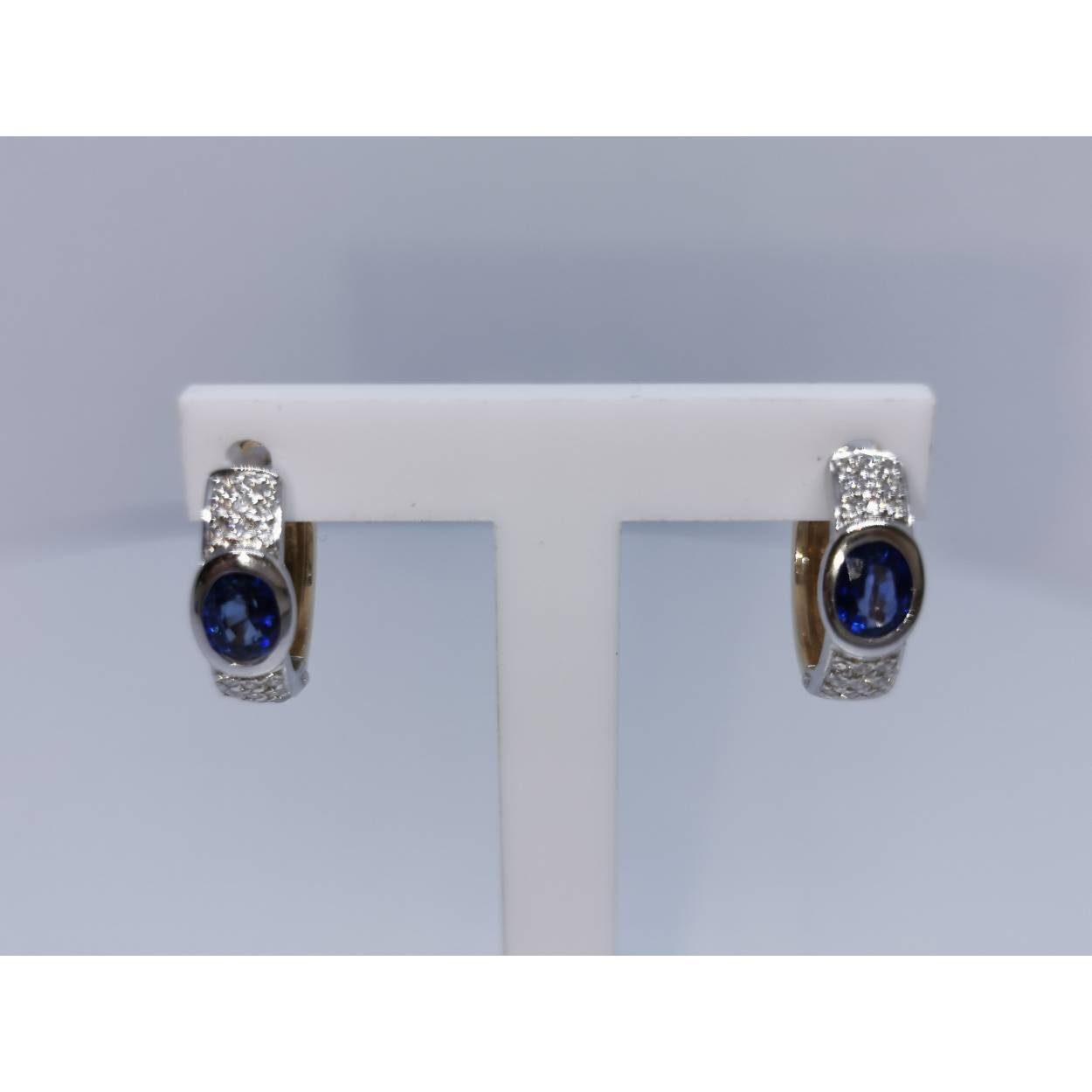 14 karaat bi-color gouden creolen 
Rond 15mm
Breed 4 mm
Geel en wit goud
0.18 karaat diamant briljant geslepen 18x0.01
4.34 gram 
Blauwe saffier Carbochon geslepen 