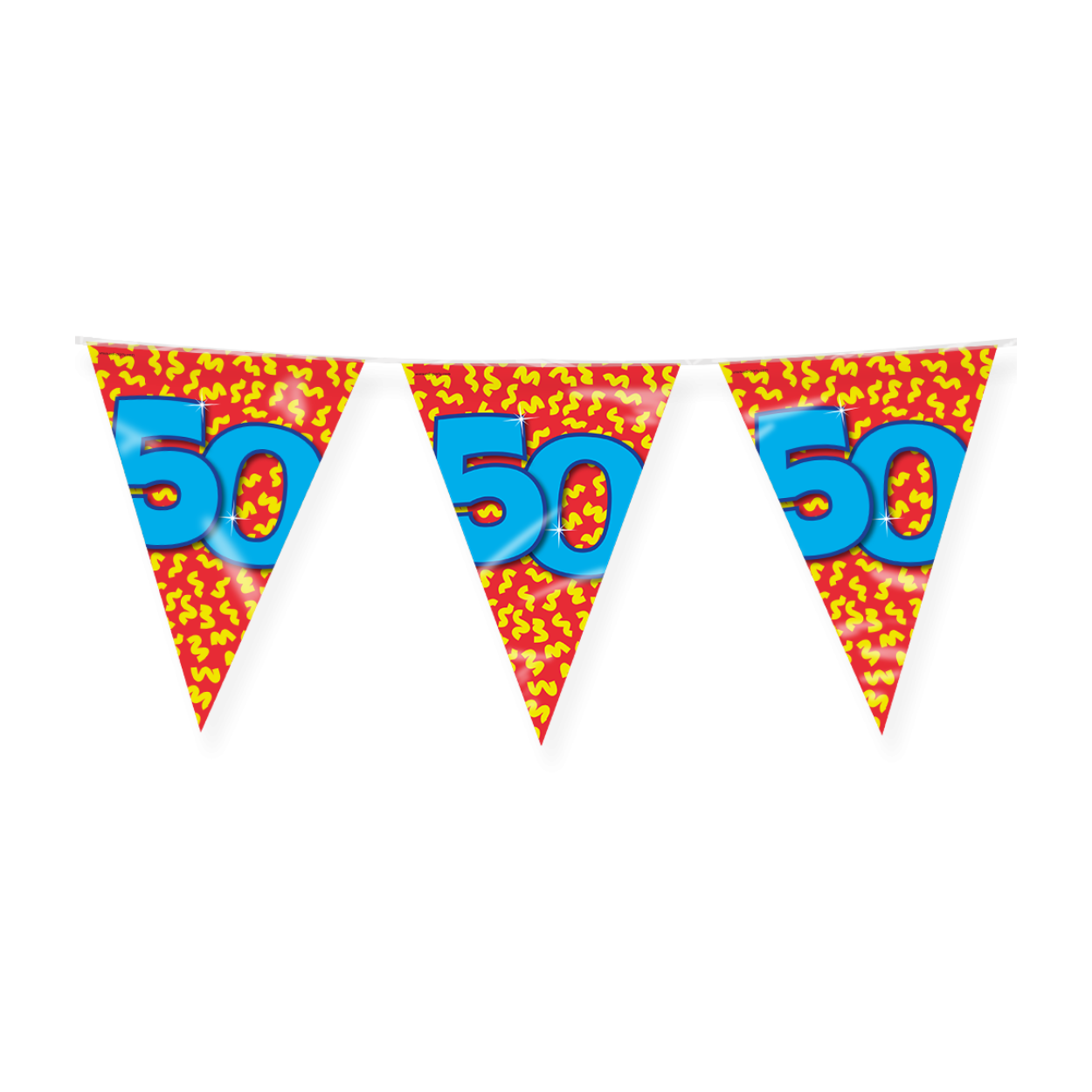 De Happy party flags 50 zijn de ideale versiering op de verjaardag van een 50-jarige. Door de vrolijke kleuren vallen deze party vlaggen dan ook extra goed op! De aan beide kanten bedrukte vlaggetjes zijn gemaakt van folie, hebben een lengte van 10 meter
