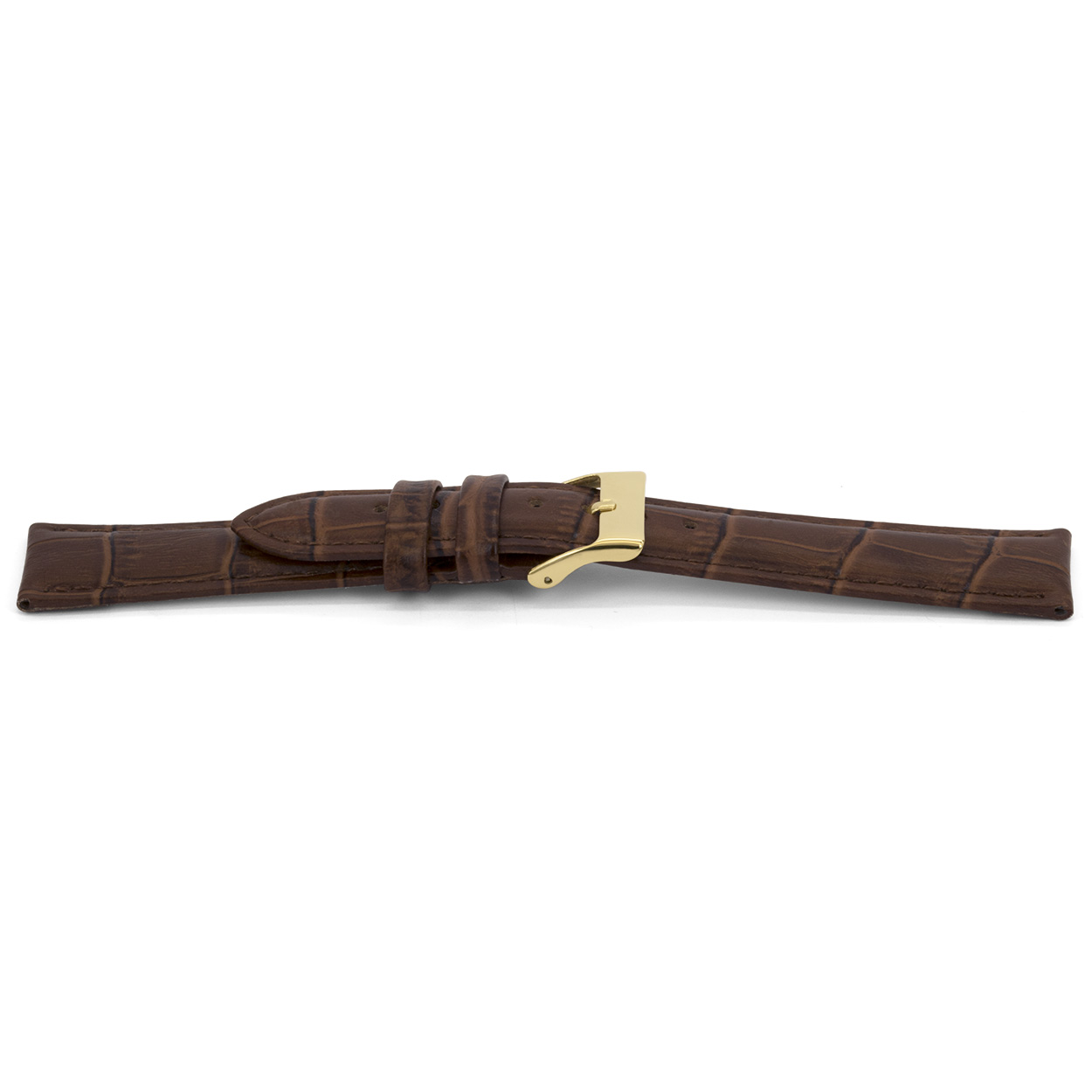 Bruin lederen horlogeband met goudkleurig edelstalen gesp.
Kleur band: Bruin
Band dikte: 4.5mm
Band lengte: 75/115mm
Band breedte: 18x16mm
Gesp: Edelstaal goud
Bekleding binnenband: Nubuck
Gestikt: Ja, dezelfde kleur als de band. 
Pushpin: Exclusief
Hypo allergisch: Ja