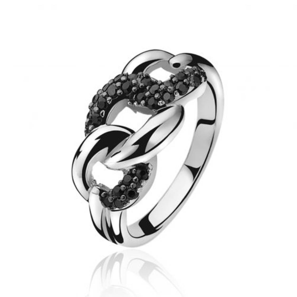 ZINZI zilveren gourmet ring bezet met zwarte zirconia's. De sierlijke en toch stoere ring is een echte statement om je vinger. De schakels zorgen ervoor dat de ring gemakkelijk en mooi te combineren is met de bijpassende armbanden en creolen uit de Zinzi collectie.
