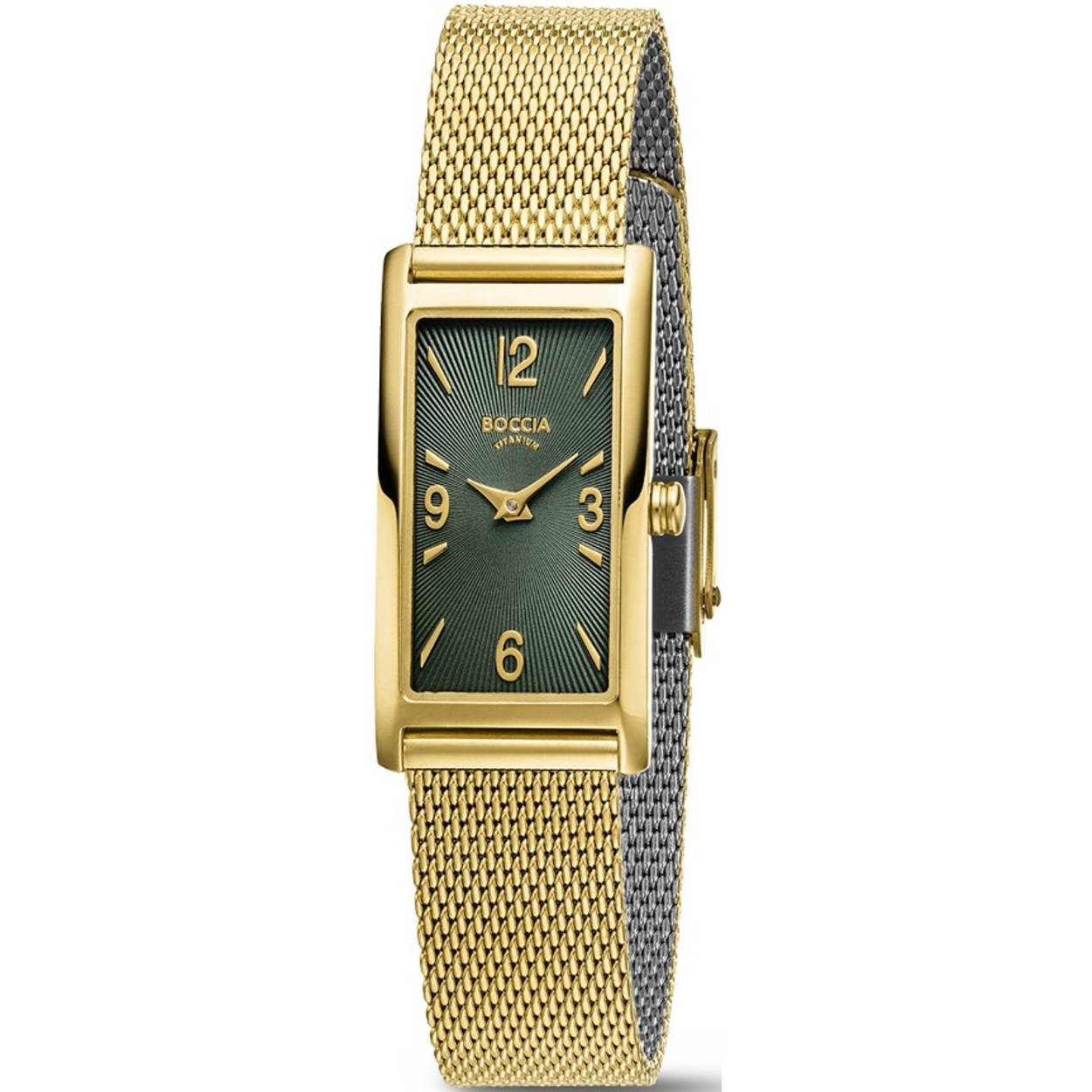Dit dameshorloge van Boccia heeft een klassieke uitstraling. De 3366-03 heeft een rechthoekig goudkleurig titanium horlogekast met een afmeting van 35x18mm met een groene bewerkte wijzerplaat met een fijne uursaanduiding. Aan de titanium kast zit een goudkleurige milanese band met een druksluiting. Het horloge heeft een mineraalglas en is 3ATM. Of je nu klassiek of chique gekleed gaat, dit horloge past bij elke outfit en iedere gelegenheid!

