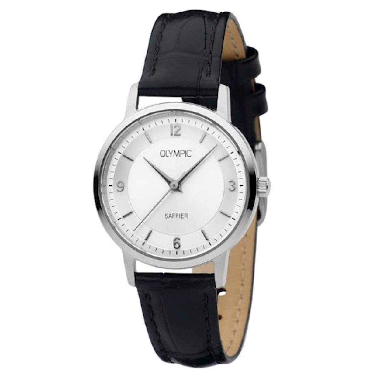 Zilverkleurig Olympic horloge met een zwarte leren band en safier glas