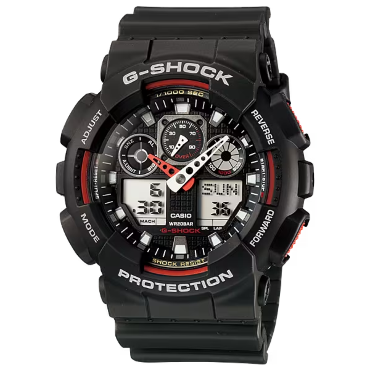 Maak kennis met een collectie nieuwe G-SHOCK-modellen waarvan de oppervlakken met een diameter van 35 mm en de grote behuizingen een krachtige en sterke uitstraling geven. De wijzerplaatring en verhoogde uurmarkeringen zorgen voor een driedimensionale diepte die de wijzerplaat veel karakter geeft. Het populaire G-SHOCK-ontwerp met drie wijzerplaten heeft één analoge wijzerplaat in het midden, en digitale wijzerplaten aan beide zijden. Deze horloges zijn ontworpen voor een uitstekende schokbestendigheid en waterbestendigheid en zijn anti-magnetisch. Extra grote knoppen hebben een anti-slipoppervlak met ruitstructuur voor snelle en zekere bediening. Met de stopwatch van 1/1000 seconden, snelheidsindicator, wereldtijd, 5 alarmen en nog veel meer bieden deze modellen ongeëvenaarde functionaliteit en prestaties.