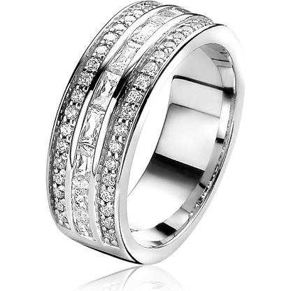 ZINZI zilveren ring 3-rijen zirconia midden baquette maat 56