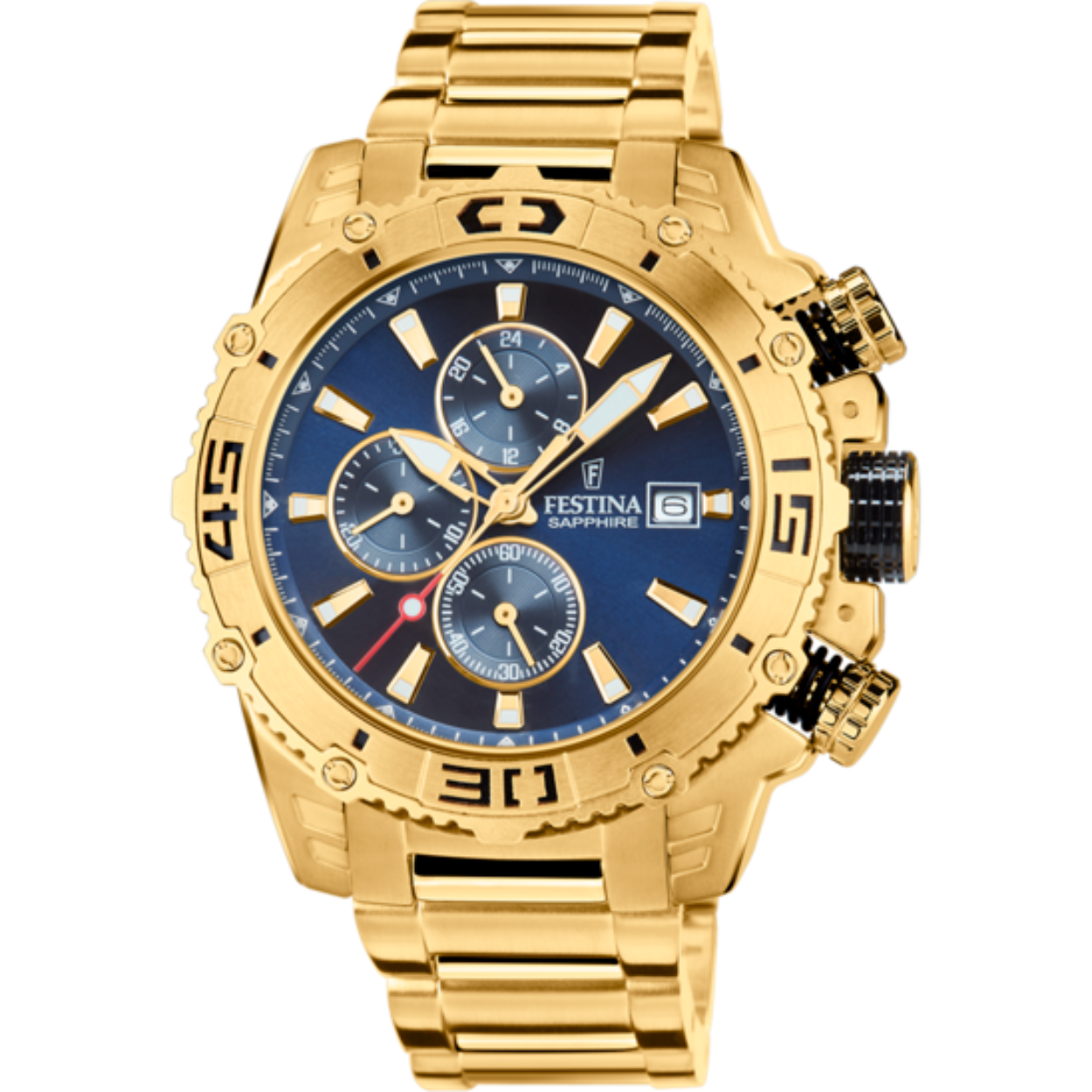 Festina heren horloge F20492/2
Goudkleurige kast met blauwe wijzerplaat
Goudkleurige schakelband
10 ATM waterdicht