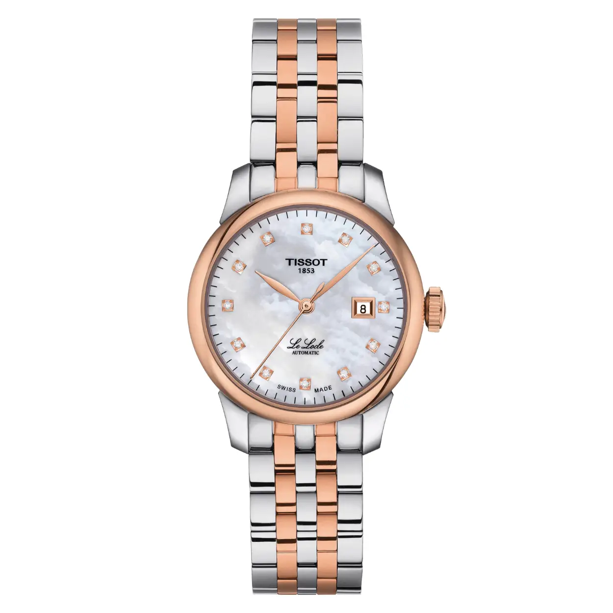 Tissot Dames Horloge Le Locle is een elegant Zwitsers dameshorloge uit de T-Classic Le Locle collectie met een 29 mm kast van roestvrij staal met ros&eacute;gouden PVD-coating, automatische Zwitserse beweging en een doorkijk-kastbodem. Het horloge heeft een parelmoeren wijzerplaat met 12 diamanten, krasbestendig saffierglas en een gangreserve tot 48 uur, wat klassieke stijl en vakmanschap combineert.