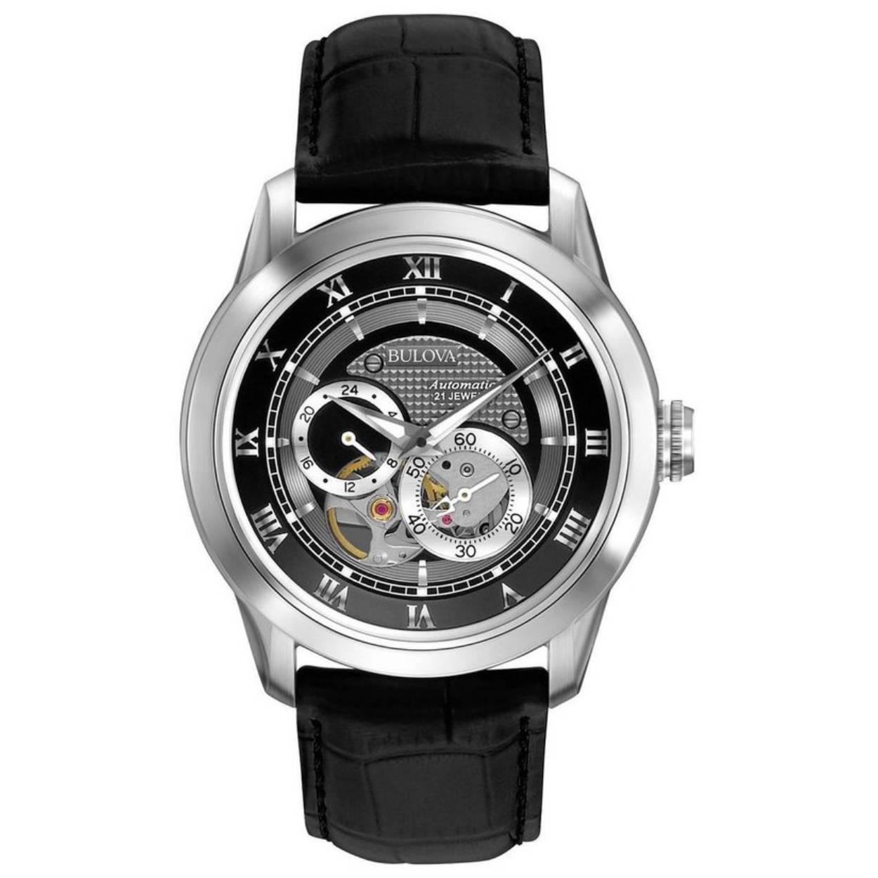 Dit automatisch horloge van het merk Bulova is een prachtig horloge. Het horloge heeft een kast gemaakt van staal en een zwarte band gemaakt van leder