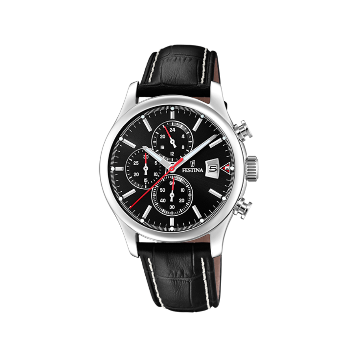 Klassiek heren horloge met zwarte leren band en chronograaf