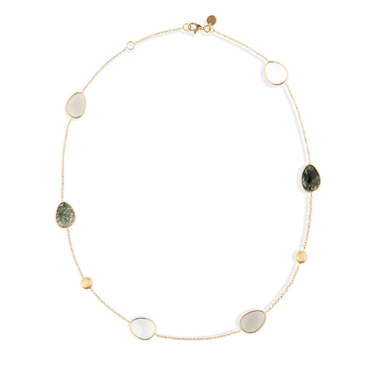 14 karaats geelgouden collier van het luxe Italiaanse merk Italo Bottene, gezet met groene amethist, ruthielkwarts en grijze maansteen.
Maak de set compleet met de bijpassende armband.