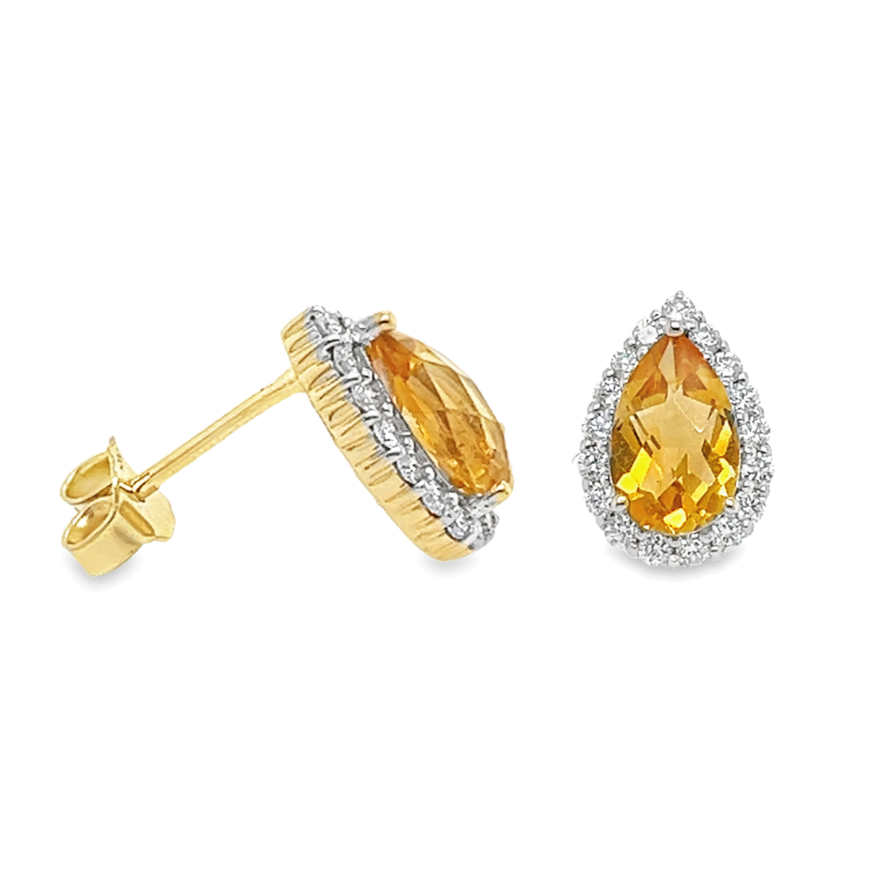 Geelgouden oorstekers met Citrien pear 8x5mm en Diamant 0,34 karaat SI/G