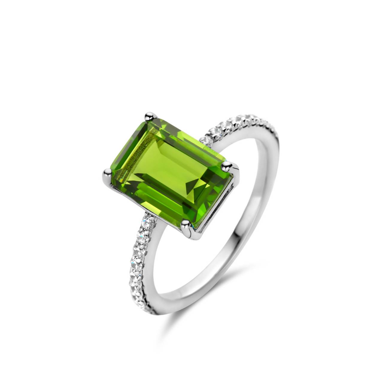 Zilveren ring met grote groene zirconium + witte zirconia Naiomy