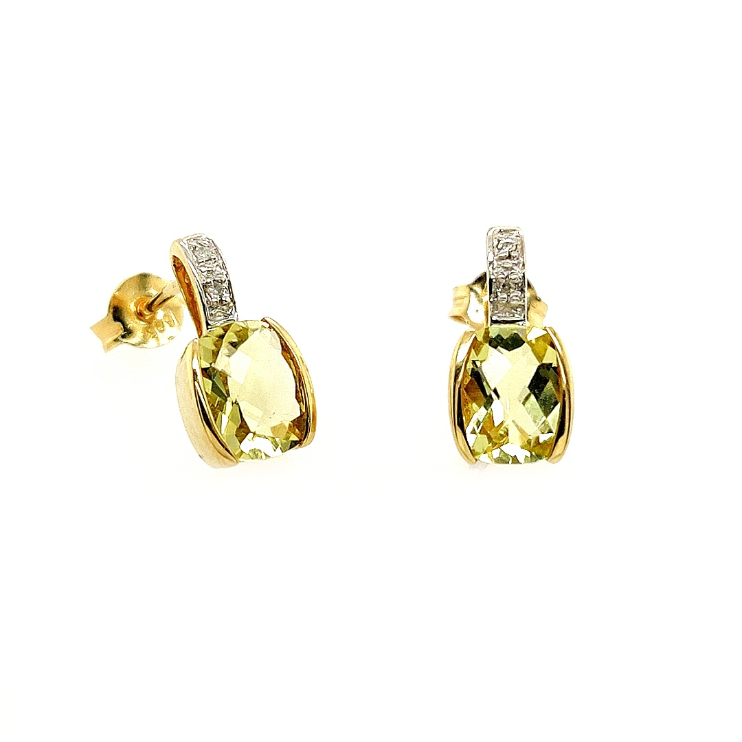 Geelgouden oorknoppen met Lemon Quartz en Diamant