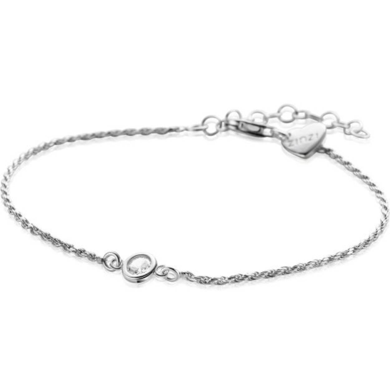 ZINZI zilveren koord armband bezet met een ronde witte zirconia. De koord schakels zijn 2mm breed. De lengte van de armband is te variëren tussen 17cm en 20cm. De armband is vervaardigd van eerste gehalte zilver (925) en voorzien van een extra rodium laag.