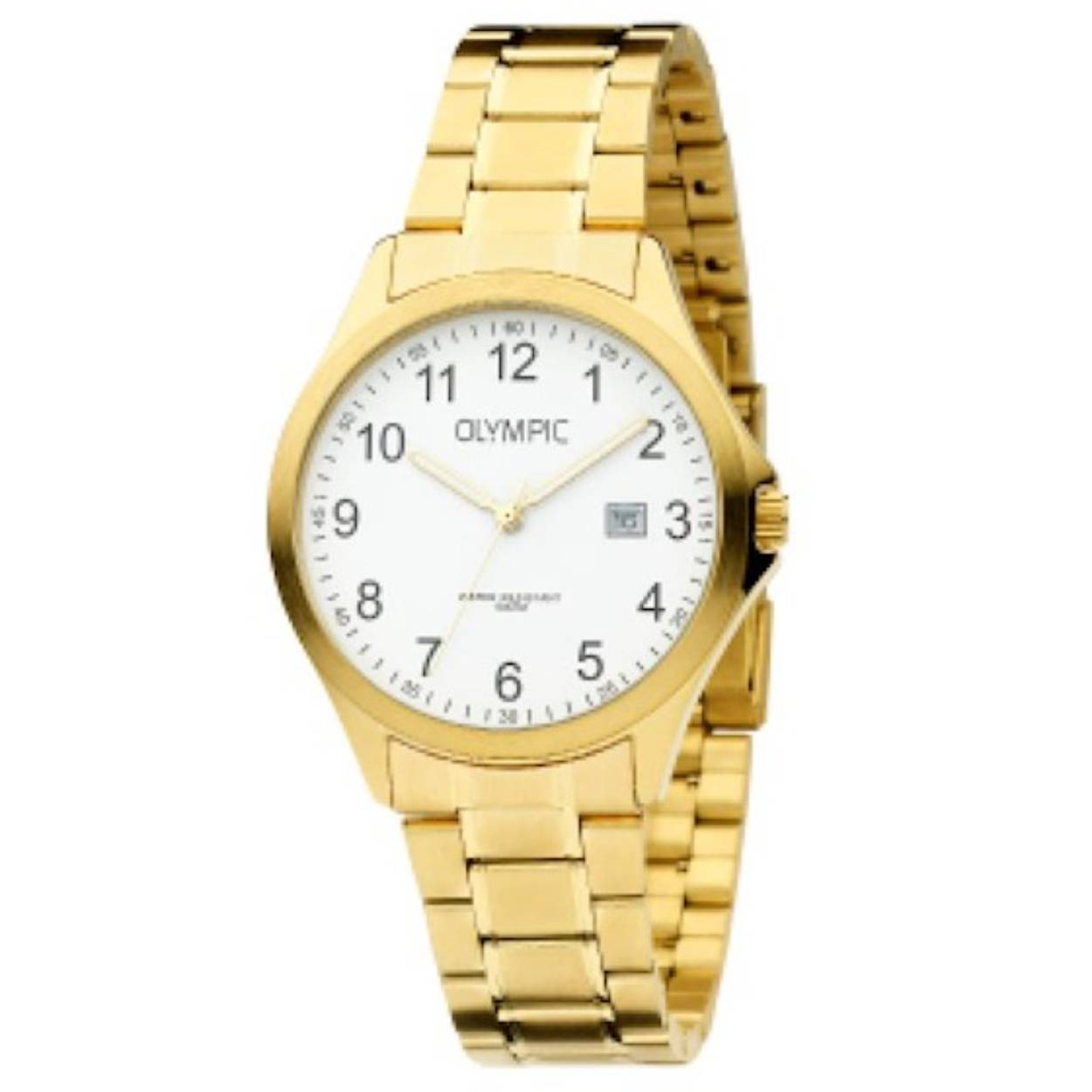 Olympic Heren Horloge OL72HDD007
Goudkleurige kast met witte wijzerplaat
Goudkleurige schakelband 
10 ATM waterdicht