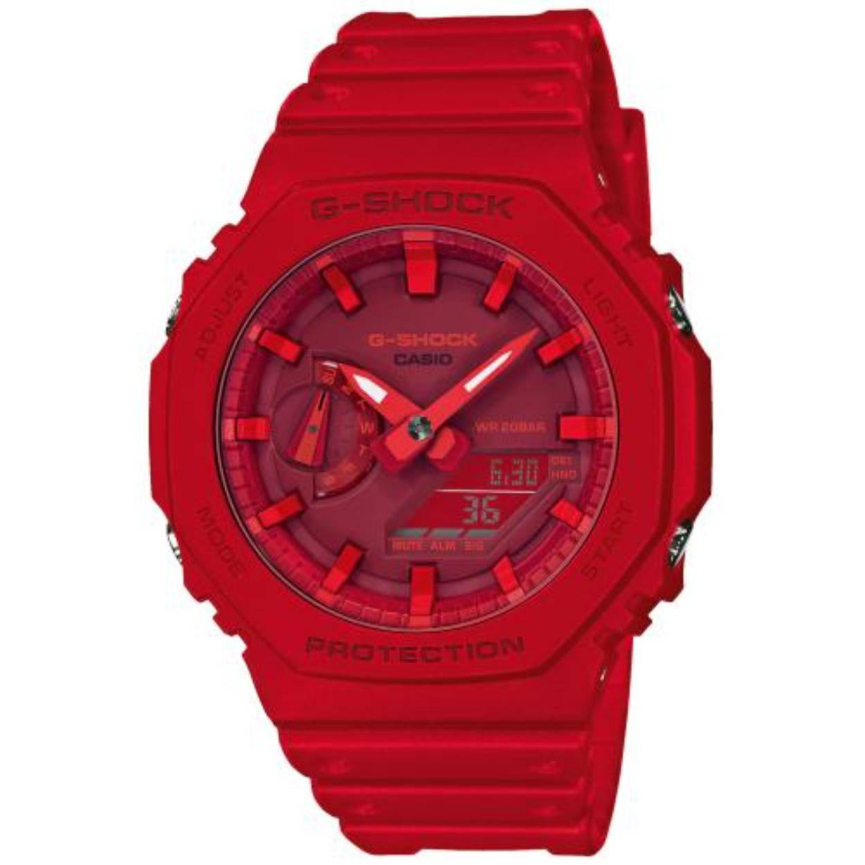 Dit model van G-SHOCK, de stoere horloges die zich blijven ontwikkelen op zoek naar ultieme kracht, heeft een Carbon Core Guard-structuur. De behuizing is gemaakt van fijne hars met koolstofvezel die niet alleen licht is maar ook de stijfheid van normale hars overtreft. Voorkomt schade en vervorming door schokken om de interne module te beschermen. Bovendien beschermt de tweelaagse structuur van de achterplaat ook tegen schokken aan de achterkant van het horloge. Dankzij de schokbestendige knopconstructie kon de buitenkant ook zonder knoppenbescherming worden ontworpen. Het ontwerp heeft een driedimensionale wijzerplaat en een opvallende indeling van grote knoppen aan de voorkant. Afgewerkt met een robuust ontwerp dat zorgt voor een krachtige uitstraling. Een model dat de schokbestendige G-SHOCK-structuur combineert met een urban outdoor-stijl.