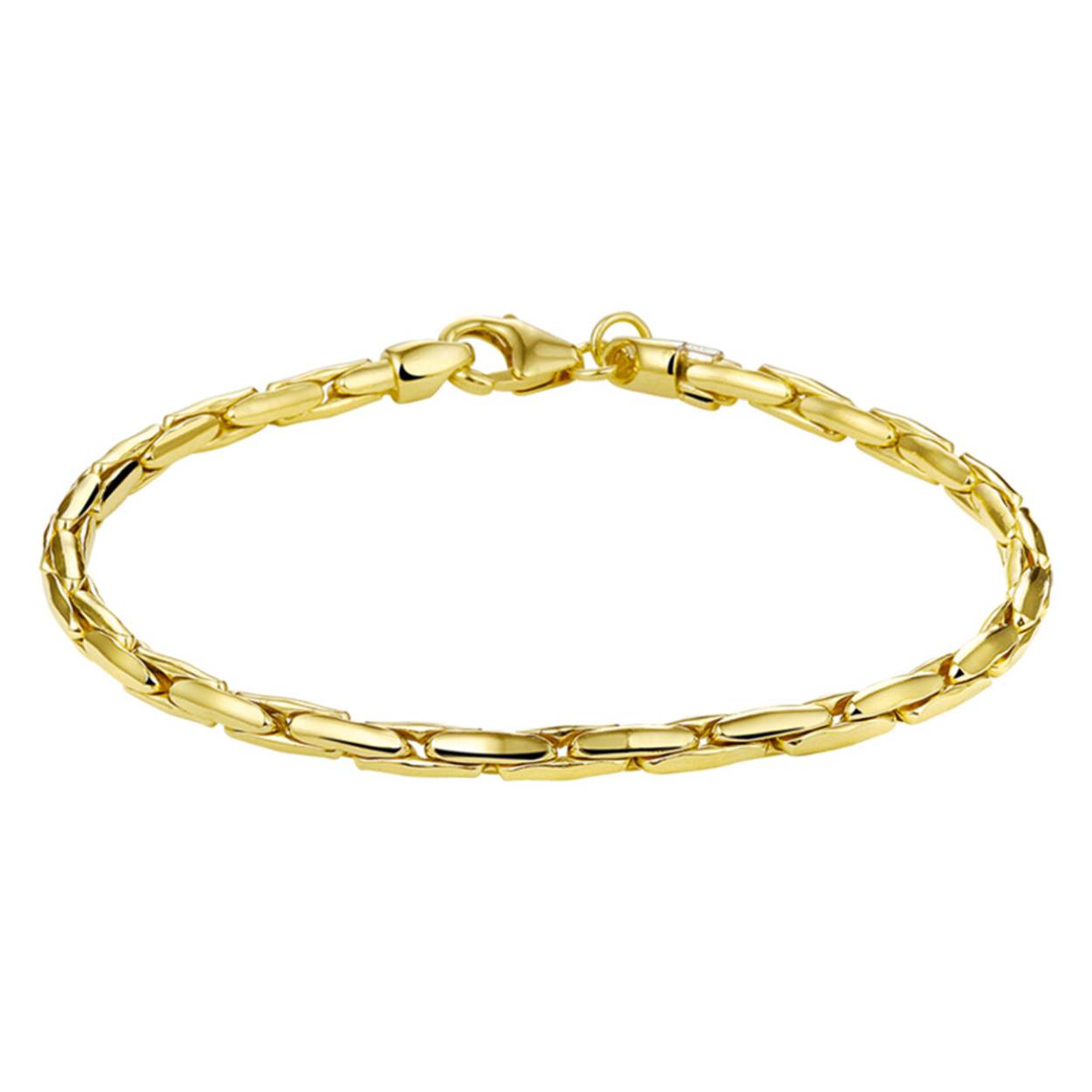 14 krt geelgouden armband met zilverkern. Schakel: Palmier. Diameter: 3mm. Lengte: 19cm. Bijpassend collier mogelijk.