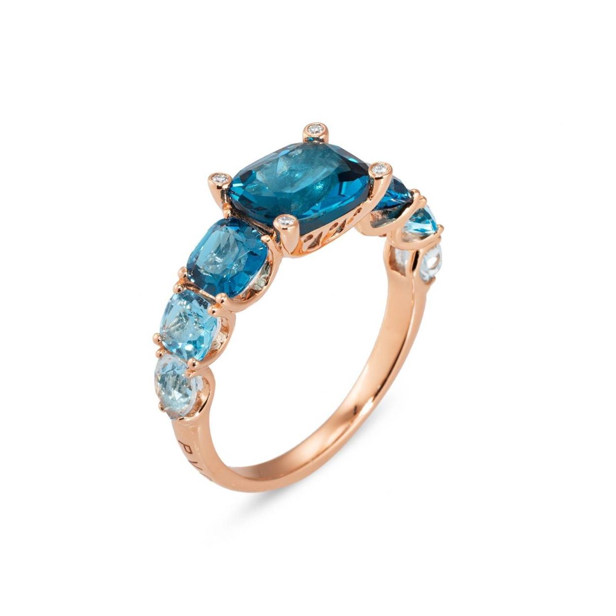 De Ponte Vecchio 18krt roodgouden ring Iris, straalt luxe uit met 4 VVS1-diamanten en 7 topazen. De briljant geslepen diamanten in kleur G schitteren prachtig naast de 4,9 karaat topazen. Deze ring is maat 56. Perfect voor speciale gelegenheden, hij accentueert elegant elke hand. Draag met trots en elegantie!