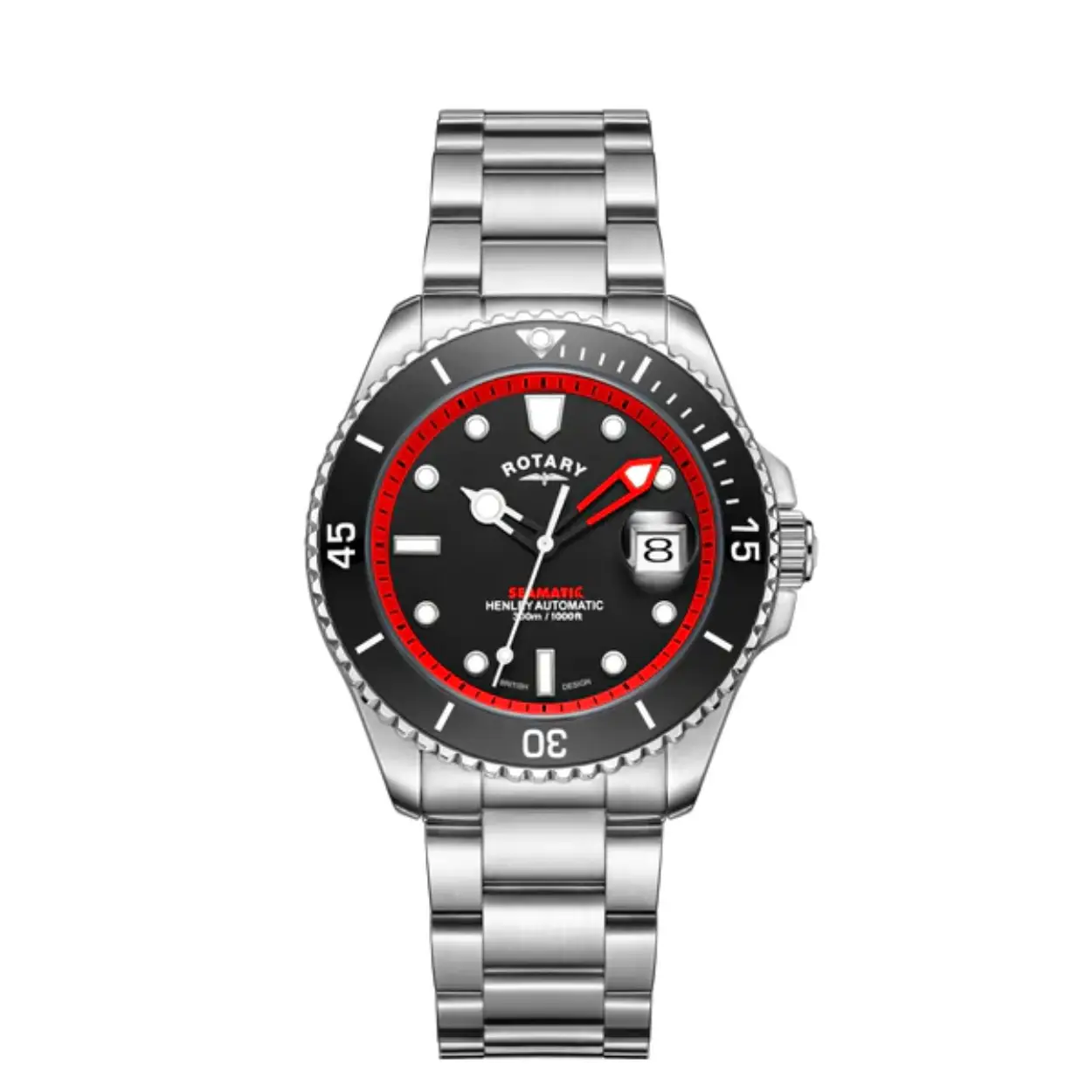 This Rotary Seamatic dive watch is enviably high-spec: it features a stainless steel casing and 3 link bracelet secured by a Divers Z clasp for optimal on-wrist security. The black dial with accented red dial details, which displays luminous indices and open hour/minute hands, is protected beneath sapphire glass with a date window feature.

This timepiece also features a black ceramic unidirectional bezel for the best possible underwater timekeeping. On the side of the 42mm case is a screw-down crown, kept secure from rough bangs thanks to a crown guard. Powered by a reliable Miyota 8215 movement, the watch is water resistant to 300m.