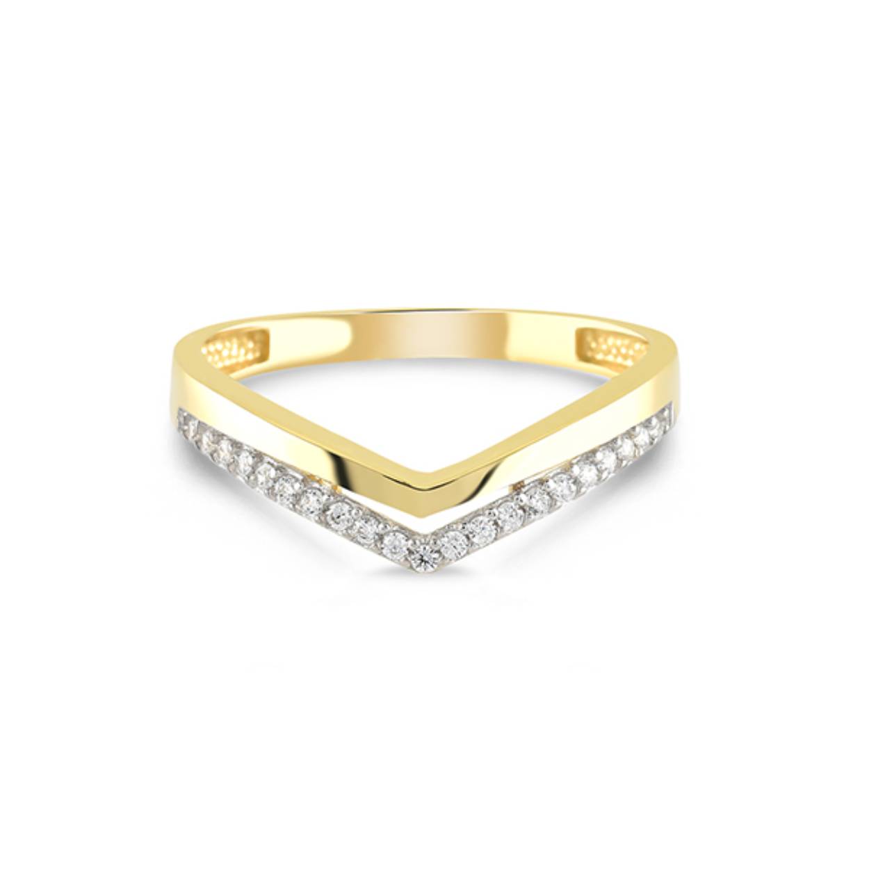 14 karaats gouden ring V-model met zirkonia's maat 54 en verkrijgbaar in diverse andere maten.