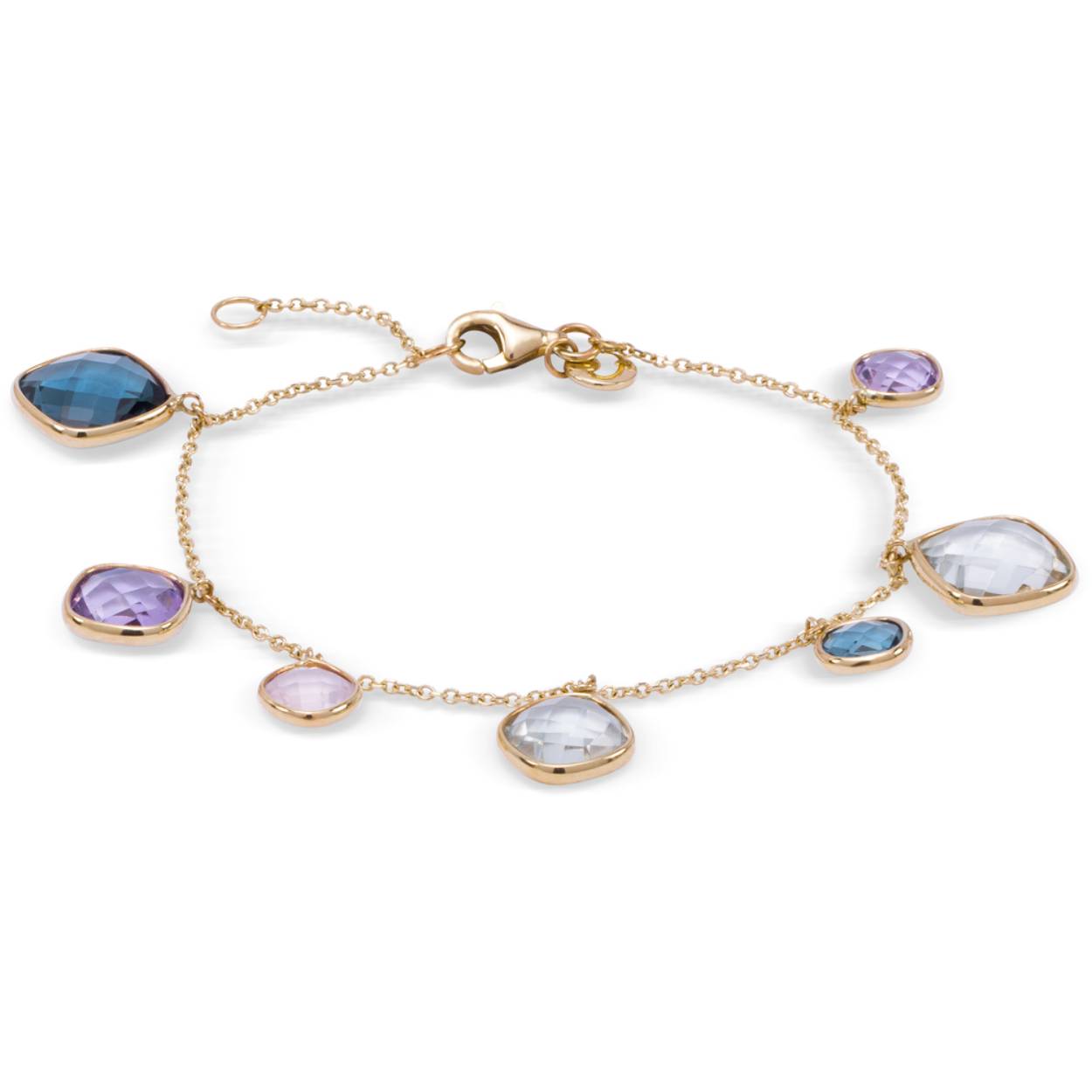 Laat uw pols schitteren met de JH Brummer Geelgouden Armband, een prachtig stuk verfraaid met levendige groene amethist, roze kwarts, amethist en lichtblauwe topaas. Deze betoverende armband straalt luxe uit met zijn hoogwaardige geelgouden setting en kleurrijke edelstenen. Het harmonieuze samenspel van verschillende tinten creëert een oogverblindende esthetiek die zowel verfijnd als eigentijds is. Een perfecte aanvulling voor elke gelegenheid, deze armband is een symbool van elegantie en verfijning, waardoor u moeiteloos een statement kunt maken met uw stijl.