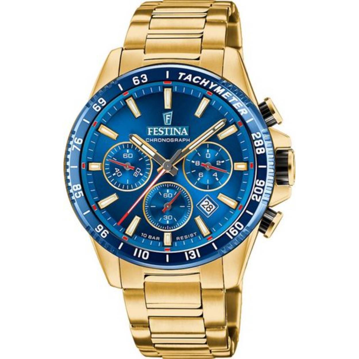 Edelstalen Festina horloge met goudkleurige band en chronograaf