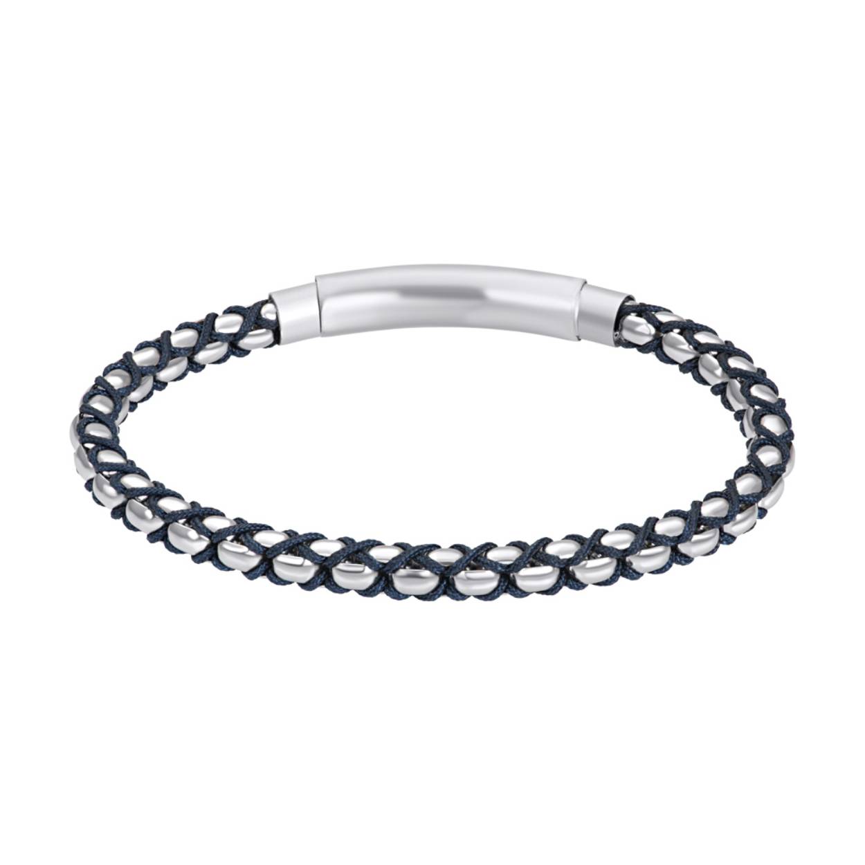 De iXXXi Men armband Eddie bestaat uit een combinatie van mat zilverkleurige stainless steel en blauwkleurige details. De bracelet heeft een mooie balans in het gebruik van staal en touw.