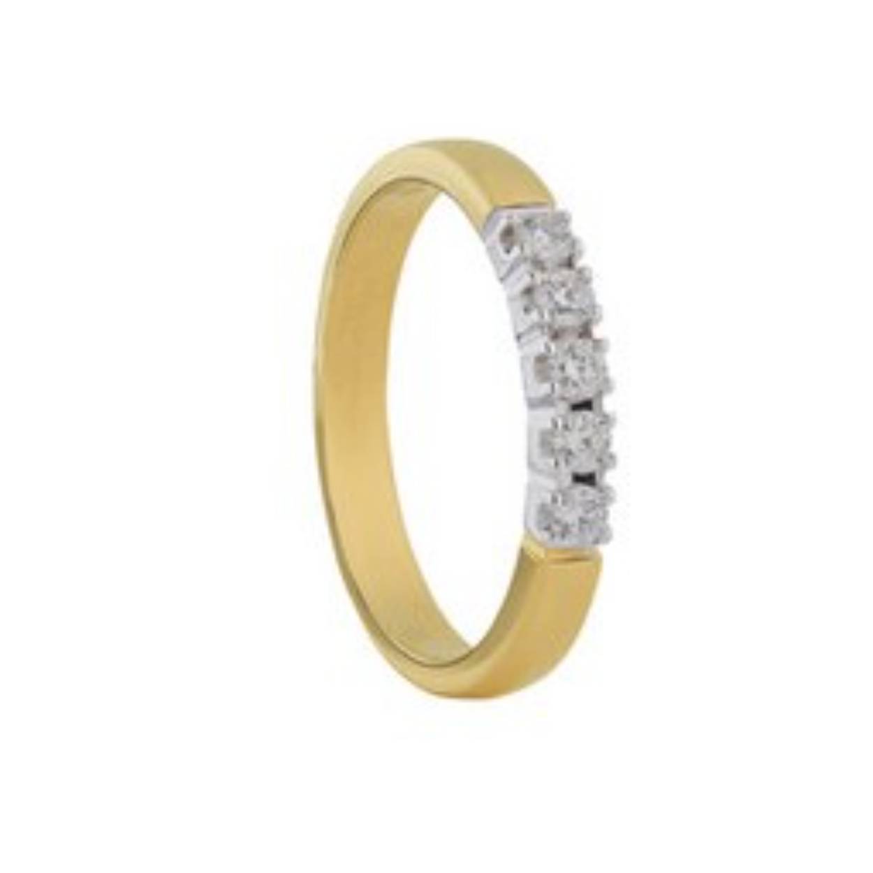 Eclat alliance gouden ring met witgouden zetting. Deze ring is gezet met een diamant 5x 0.03crt tw vvs.Totaal aan diamant 0.15crt
Bij deze alliance ring is het ook mogelijk diamanten bij te zetten.

