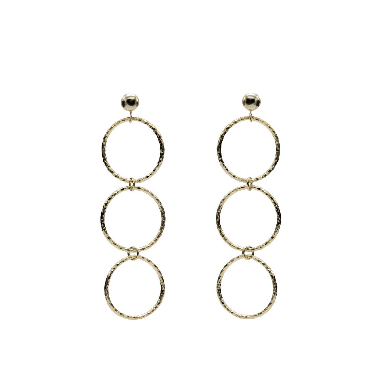 Long gold plated silver earrings with boho style hoops design. The trendiest accessory to give a boho-chic touch to your outfits. Long gold plated silver earrings made up of three rough circles. Ideal to combine with the matching necklace and bracelet that you can wear in any occasion, you will fall in love!