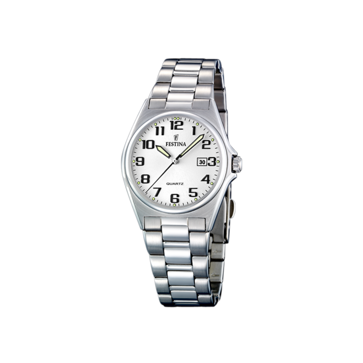 Damesuurwerk van Festina uit de 'Classics' collectie
Zilverkleurige band en kast in edelstaal
Witte wijzerplaat met duidelijke cijfers en datumaanduiding, lichtgevende wijzers
Waterdichtheid: 5 ATM