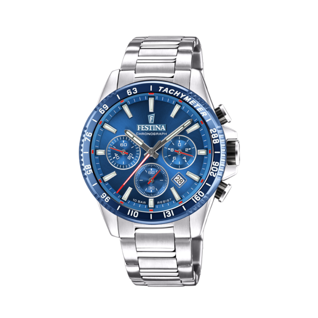 Dit sportieve heren horloge heeft een roestvrijstalen kast met een diameter van 45 mm en is voorzien van een metalen band. De blauwe wijzerplaat beschikt over een datumaanduiding en chronograaf.