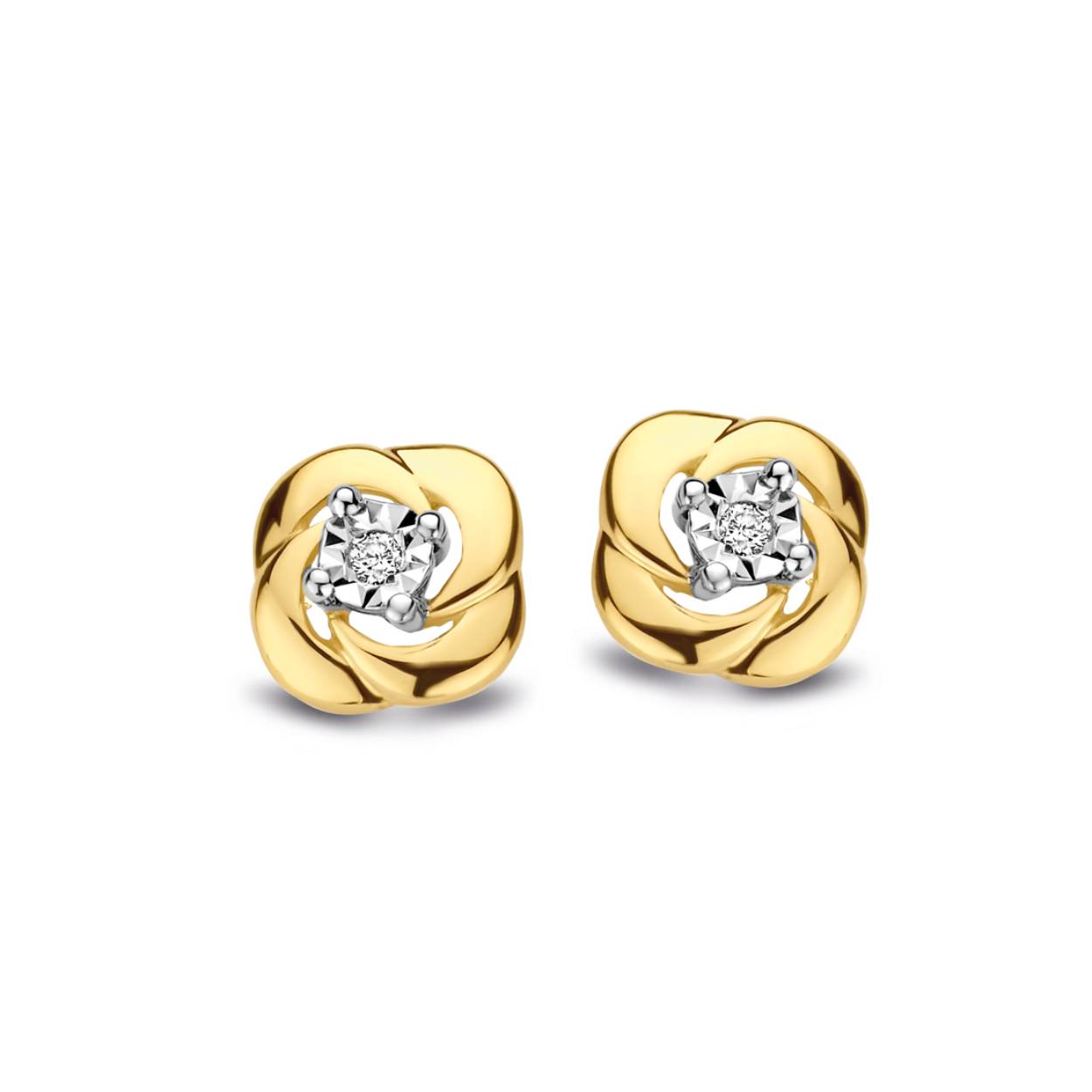 14 krt. geelgouden fantasie oorstekers met briljant geslepen diamant 0.02 crt.