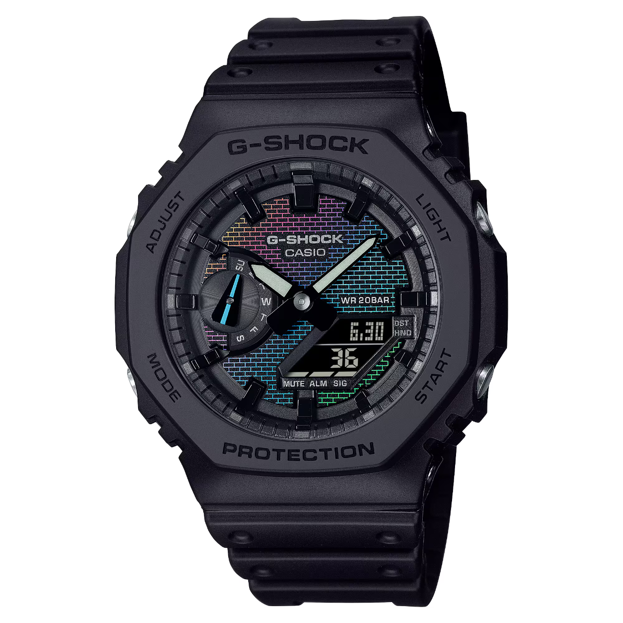 Nog een steen in de muur, dit keer in alle kleuren van de regenboog. Maak kennis met opvallende ontwerpen met horlogeglas of wijzerplaat met het originele bakstenen-muurpatroon van de allereerste G-SHOCK, volledig in kleur. 

Dampafzetting in regenboogkleuren reproduceert de symbolische bakstenen muur in briljante regenboogtinten die verschuiven en veranderen afhankelijk van het licht. Het kleurrijke ontwerp blijft trouw aan de oorsprong van G-SHOCK met de stoere mentaliteit die nodig is om barrières te overwinnen en voortdurend grenzen te verleggen. 

Kies je favoriet uit de iconische 5600-modellen of de analoog-digitale combinatiemodellen uit de 2100-serie. 

Voor de modellen DW-5600 en GM-5600 is het horlogeglas voorzien van het kleurverschuivende baksteenpatroon dat wordt gereproduceerd met dampafzetting in een overgang van regenboogkleuren. Voor de GA-2100- en GM-2100-modellen wordt het iriserende baksteenpatroon van de wijzerplaat bereikt met een combinatie van zilveren dampafzetting, lasergravure en regenboogkleurige bedrukking. 

Een cool, kleurrijk modeaccessoire met een dynamisch ontwerp dat vanuit elke hoek de aandacht trekt.